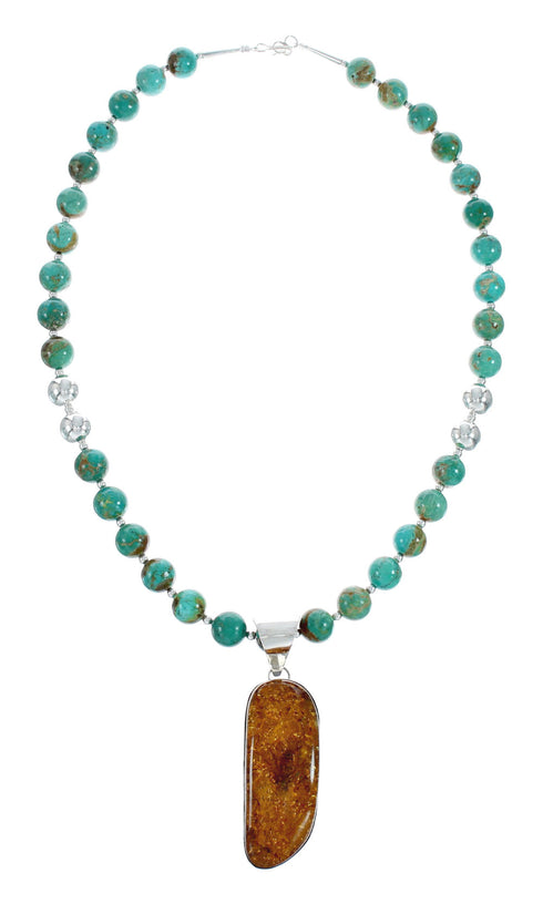 Native American Turquoise and Amber Bead Sterling Silver Necklace JX129248
